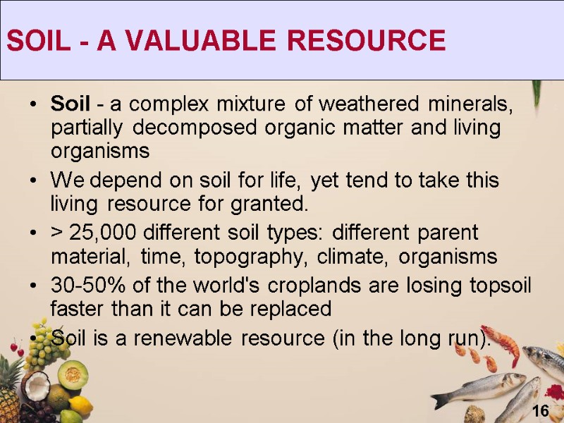 16 SOIL - A VALUABLE RESOURCE Soil - a complex mixture of weathered minerals,